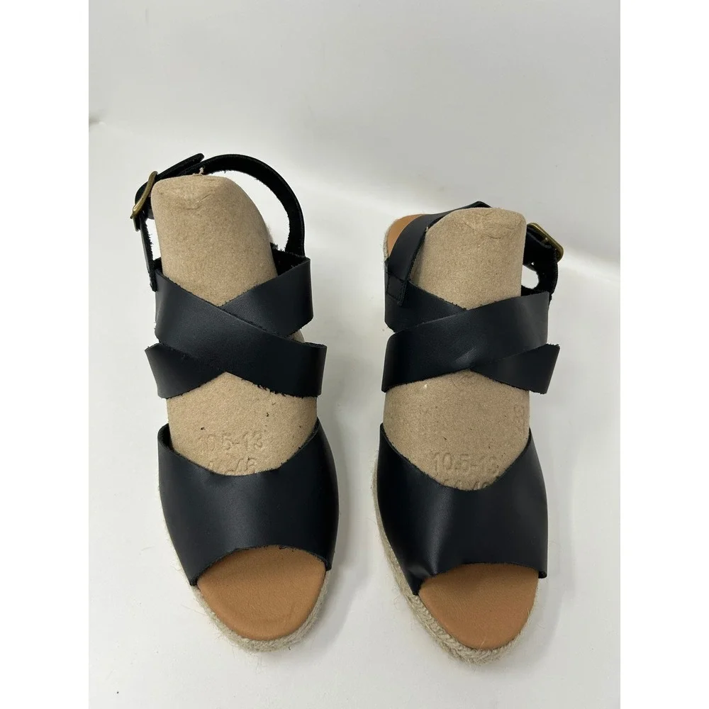 Barbour Black Leather Espadrille Wedge Sandals Buckle Ankle Strap Women's Size 9